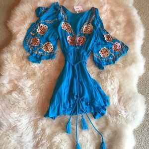 Free people turquoise Cora embroidered dress